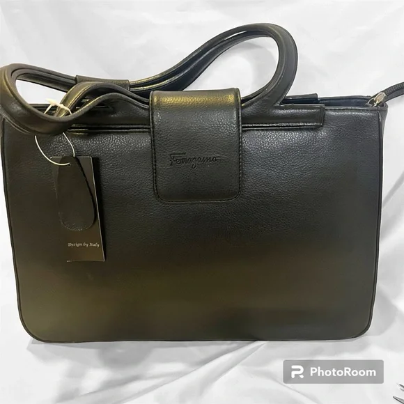 NWT Vintage Ferragamo Black Ladies Business Handbag w/ unbranded dust cover bag - Picture 6 of 11